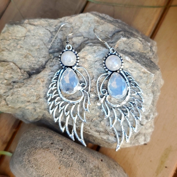 New Opal Opalite & Rainbow Moonstone 925 Silver Wings Earrings. - Picture 12 of 16